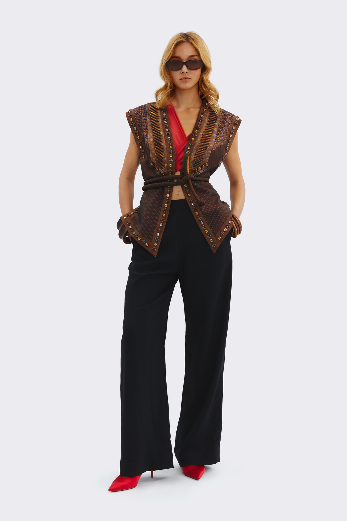 Brown Sleeveless Silk Jacket