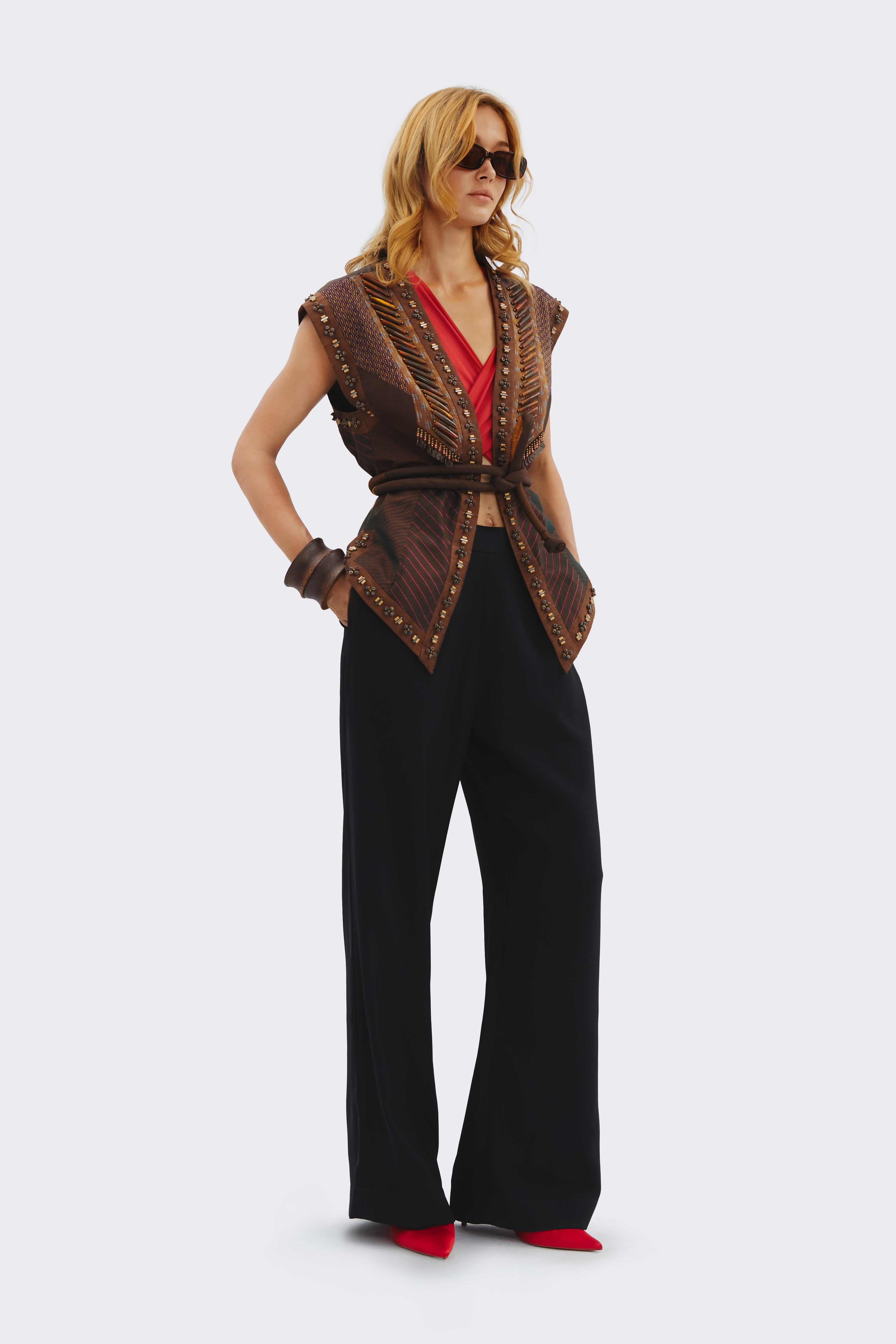 Brown Sleeveless Silk Jacket