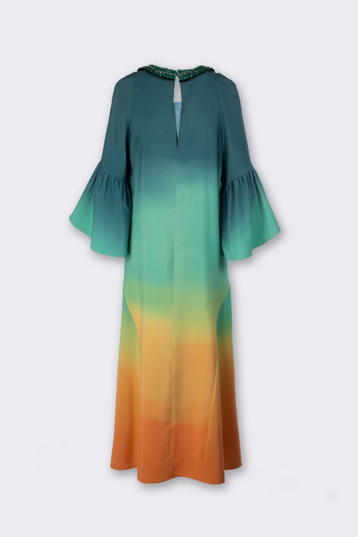 Gradient Silk V-Neck Beaded Dress