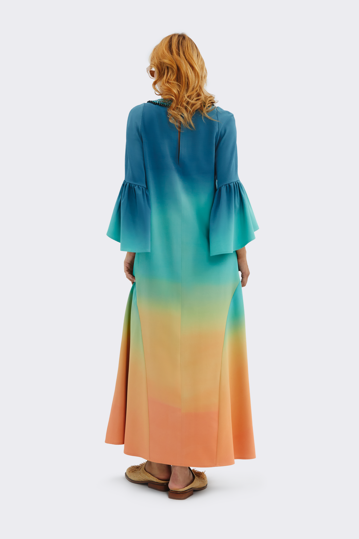 Gradient Silk V-Neck Beaded Dress