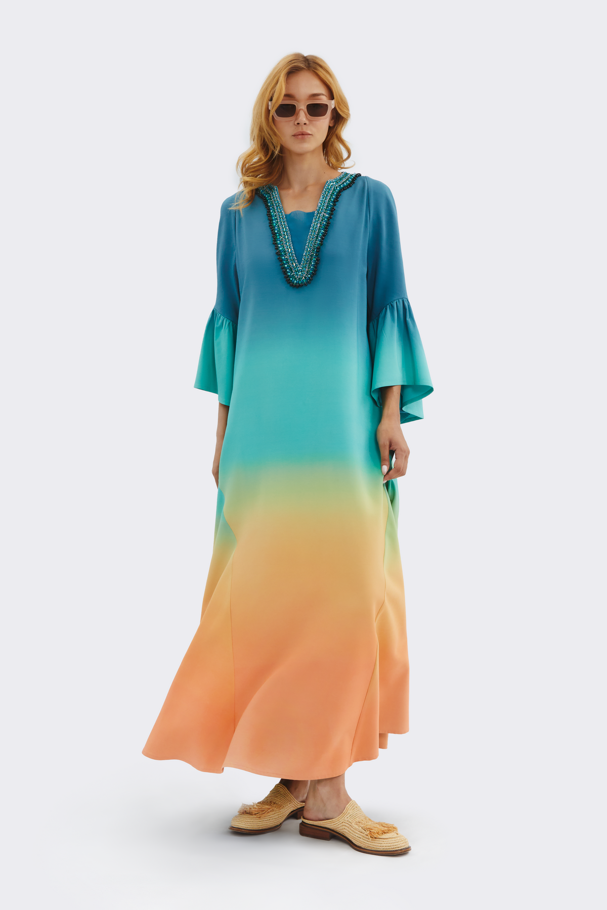 Gradient Silk V-Neck Beaded Dress