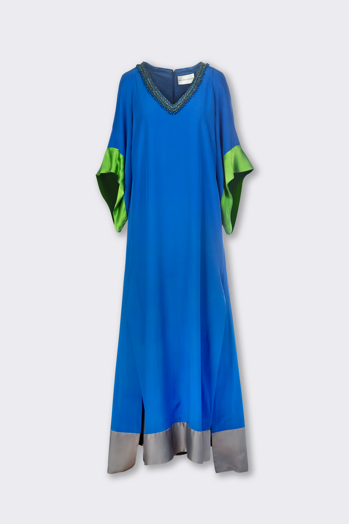 Navy V-Neck Silk Dress