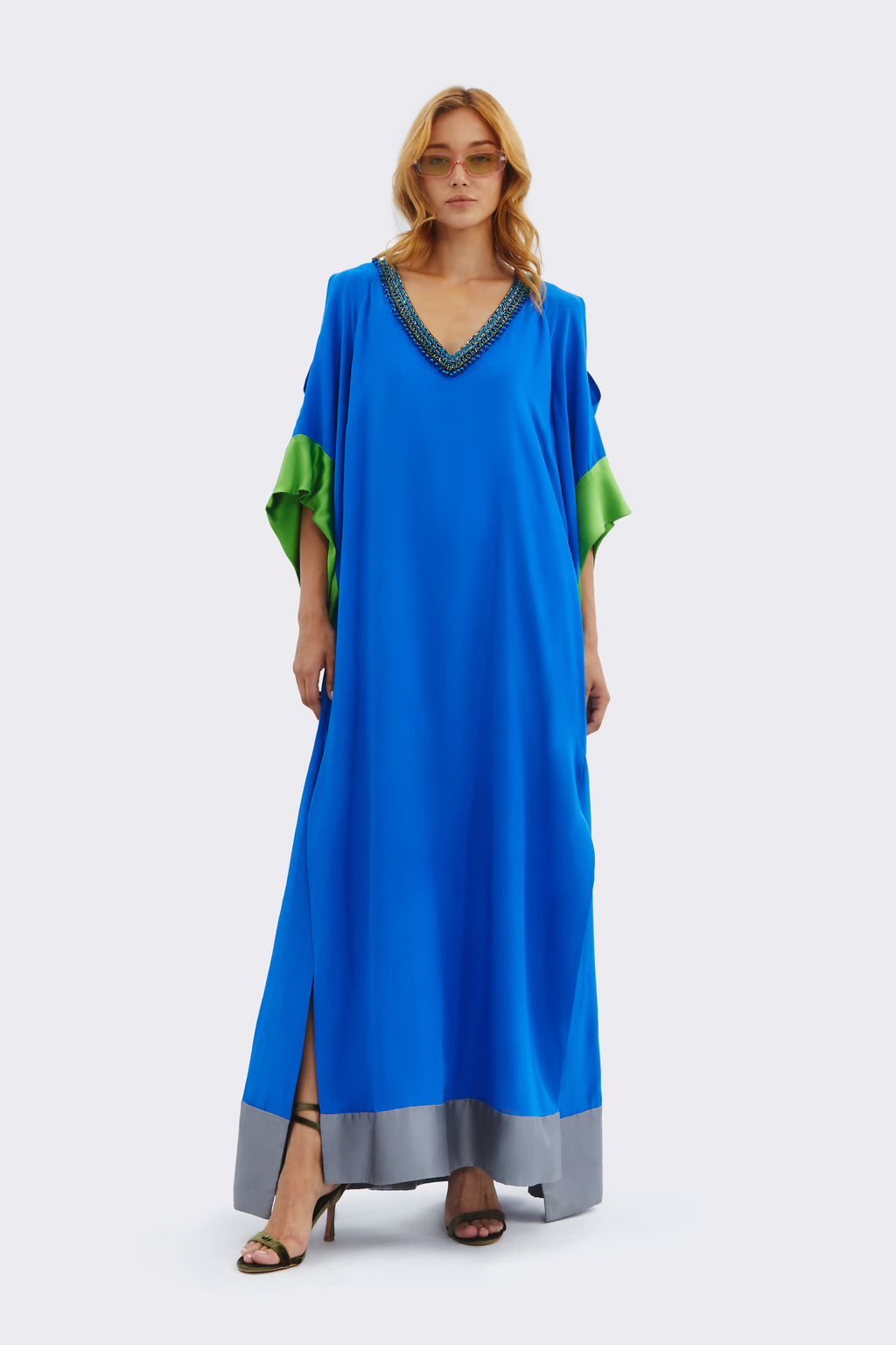 Navy V-Neck Silk Dress