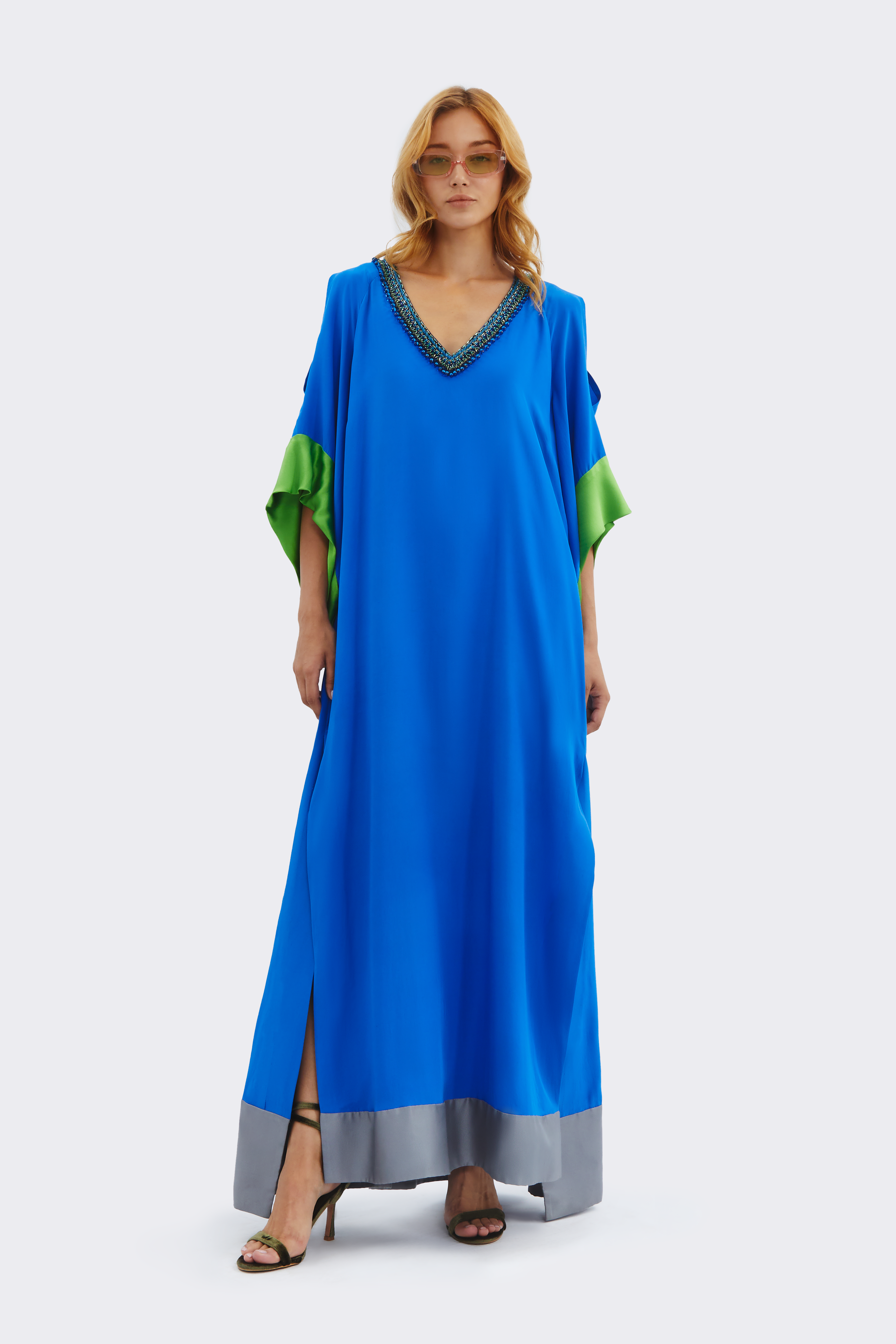 Navy V-Neck Silk Dress