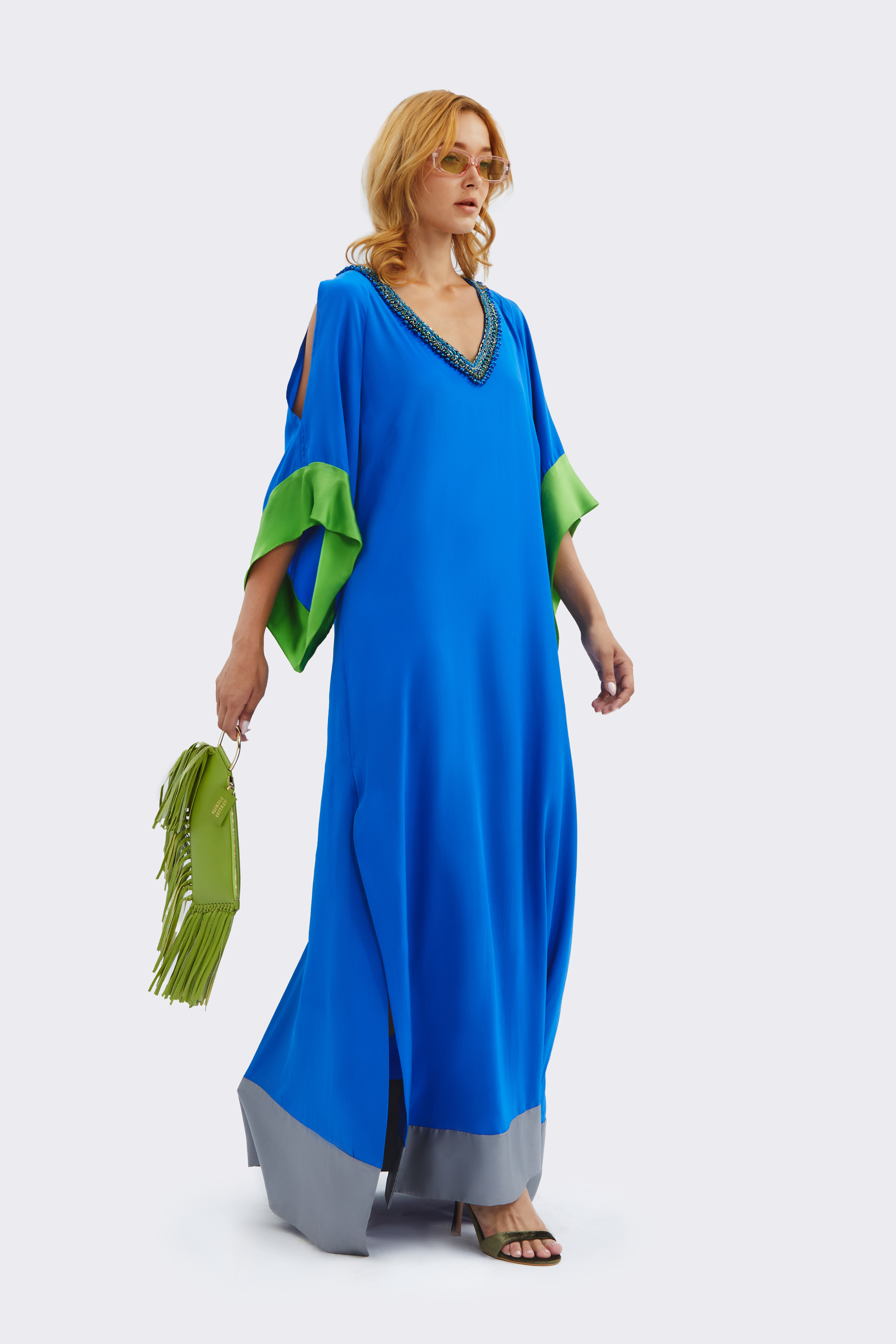 Navy V-Neck Silk Dress