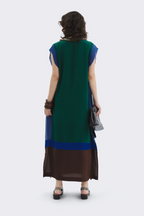 Green-Blue V-Neck Silk Dress