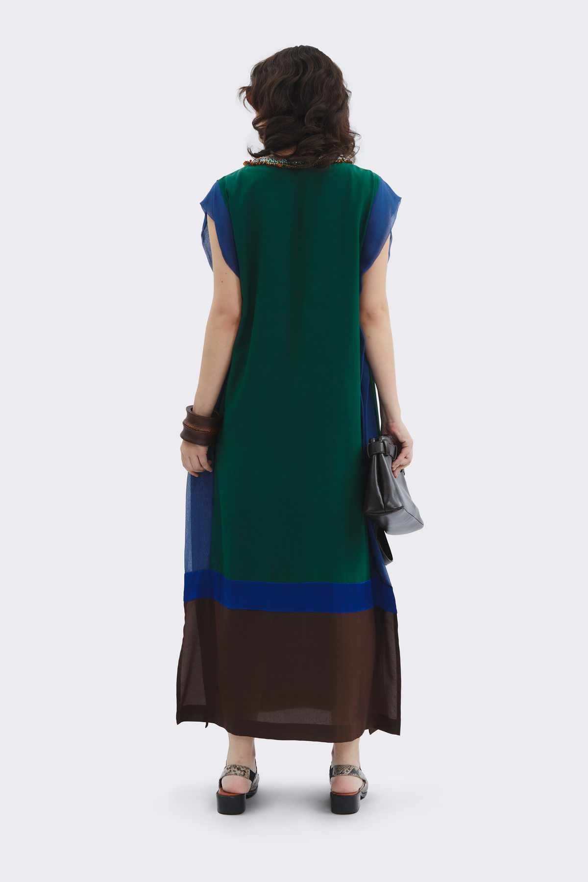 Green-Blue V-Neck Silk Dress