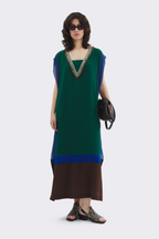 Green-Blue V-Neck Silk Dress
