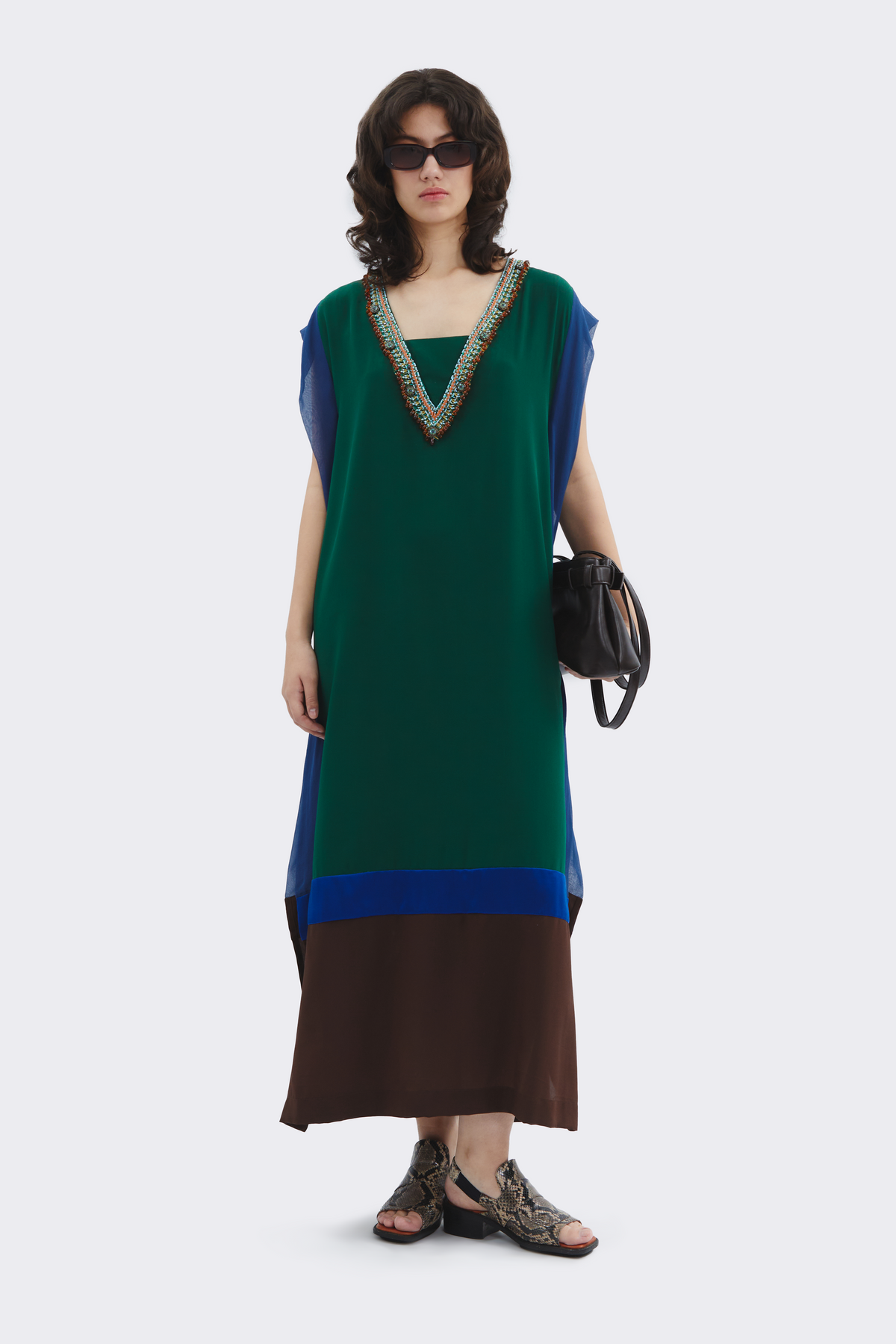 Green-Blue V-Neck Silk Dress