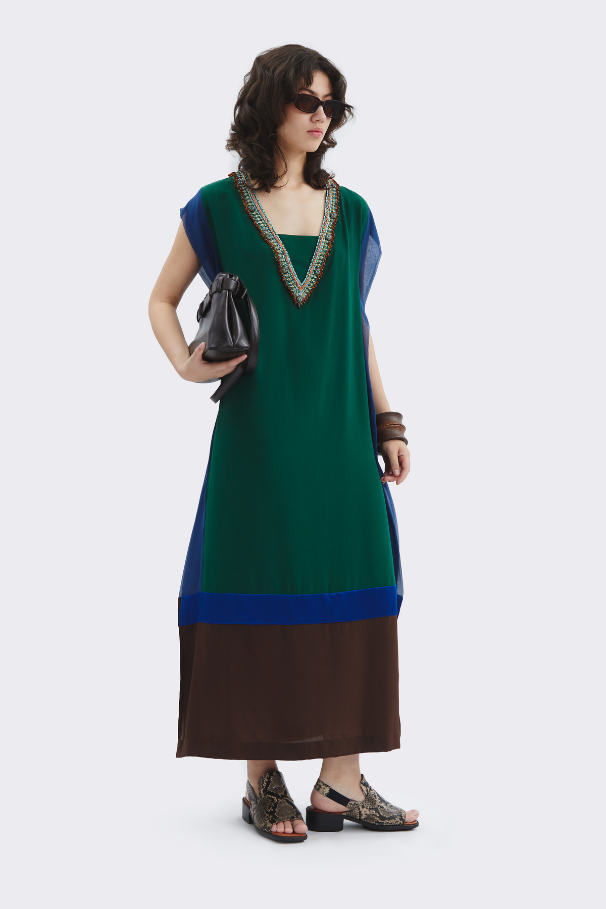 Green-Blue V-Neck Silk Dress