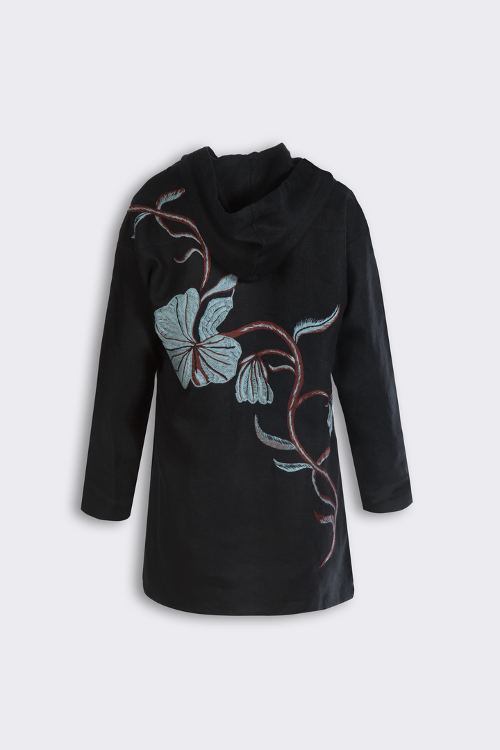 Floral Black Linen Hooded Shirt