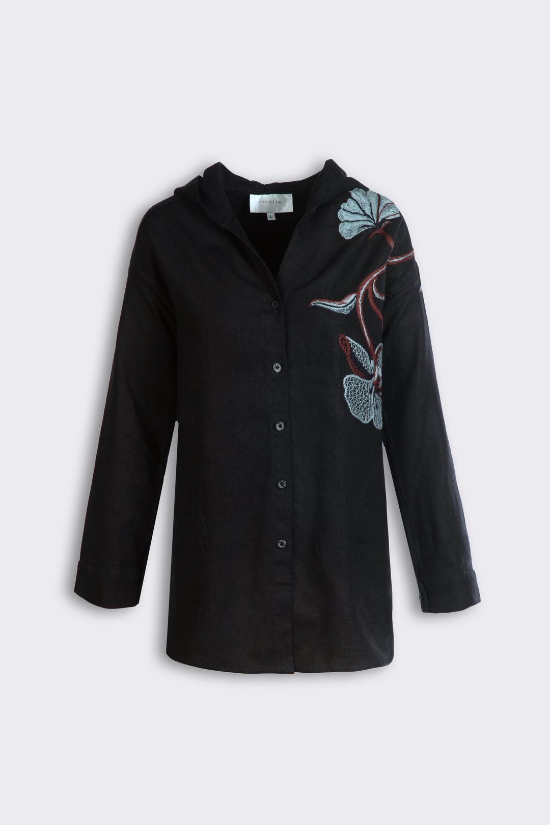 Floral Black Linen Hooded Shirt