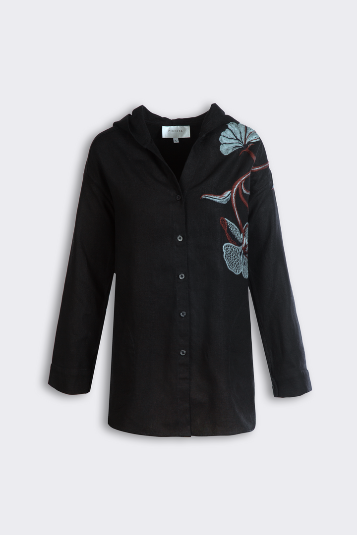 Floral Black Linen Hooded Shirt