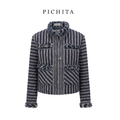 Elegant Striped Tweed Jacket with Crystal Embellishments and Fringed Trim.