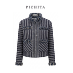 Elegant Striped Tweed Jacket with Crystal Embellishments and Fringed Trim.