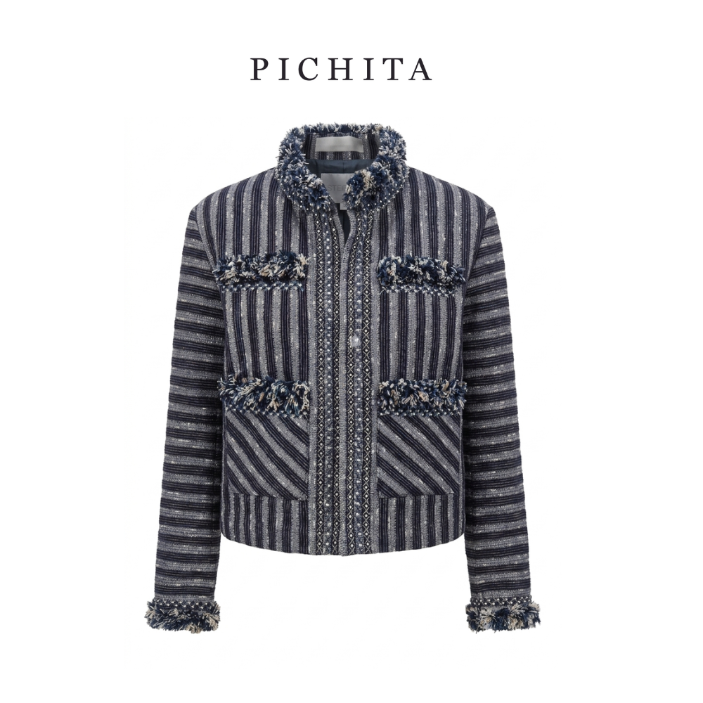 Elegant Striped Tweed Jacket with Crystal Embellishments and Fringed Trim.