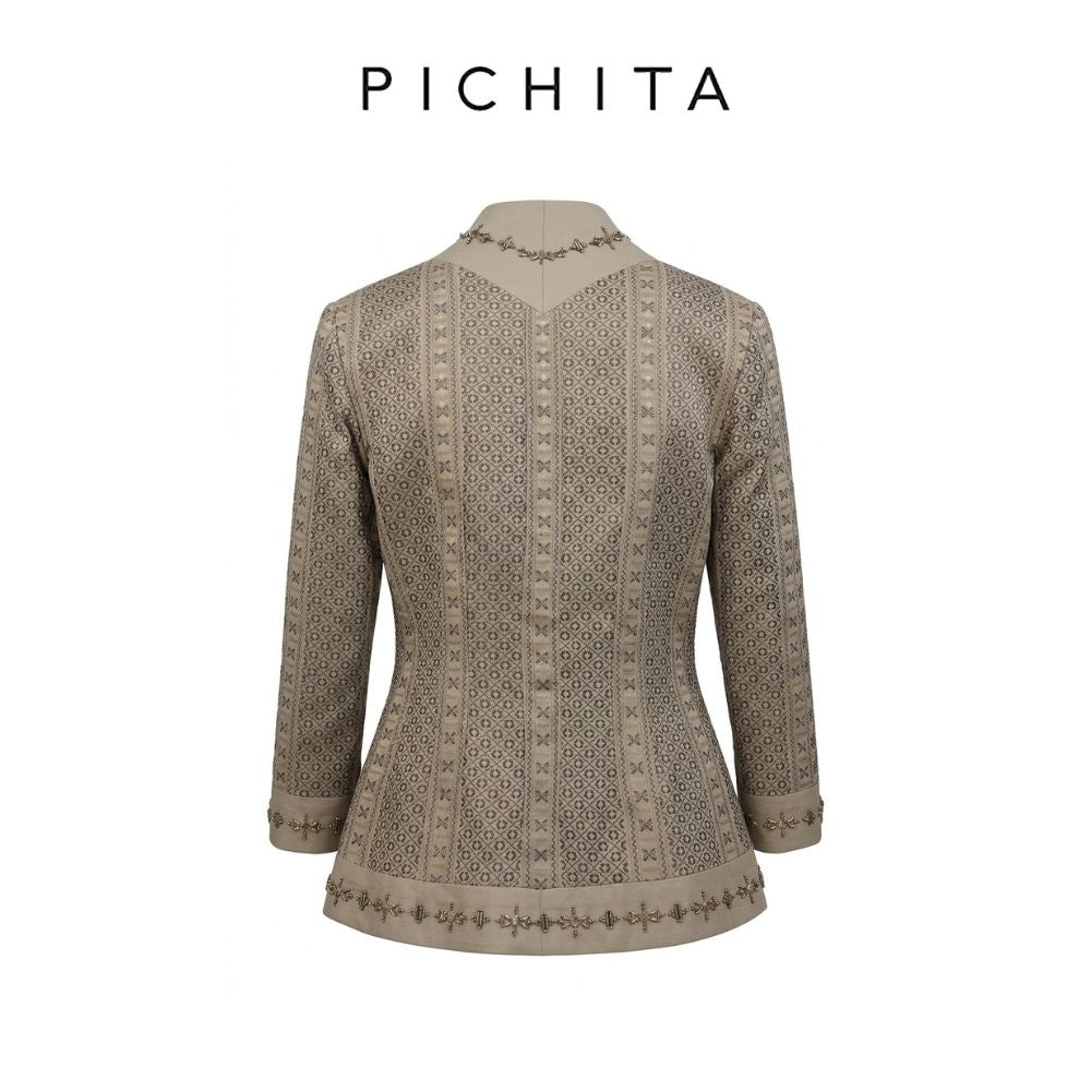 Luxury Embroidered Mandarin Collar Jacket with Beaded Embellishments.