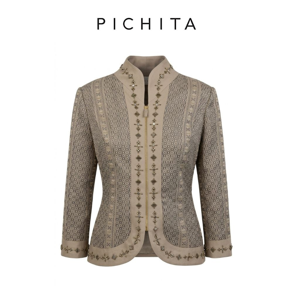 Luxury Embroidered Mandarin Collar Jacket with Beaded Embellishments.