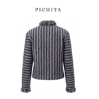 Elegant Striped Tweed Jacket with Crystal Embellishments and Fringed Trim.
