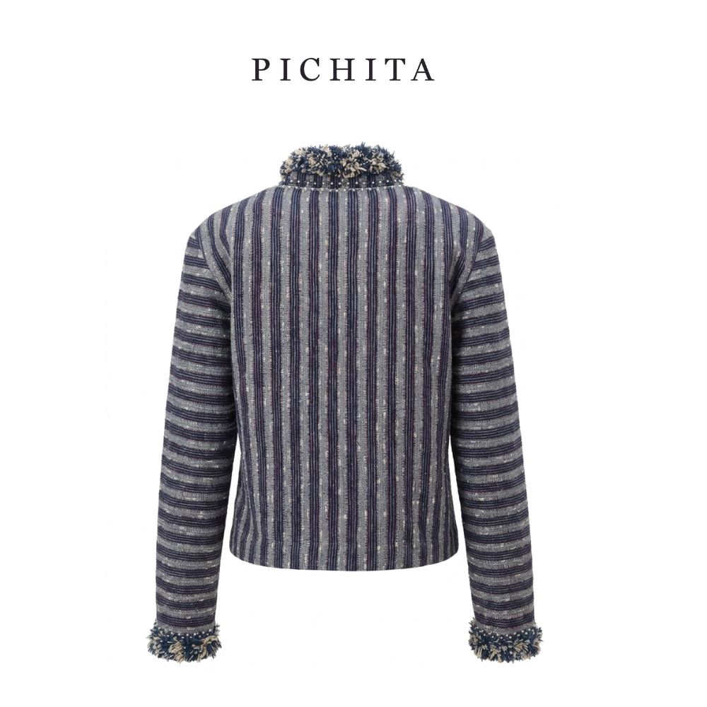 Elegant Striped Tweed Jacket with Crystal Embellishments and Fringed Trim.