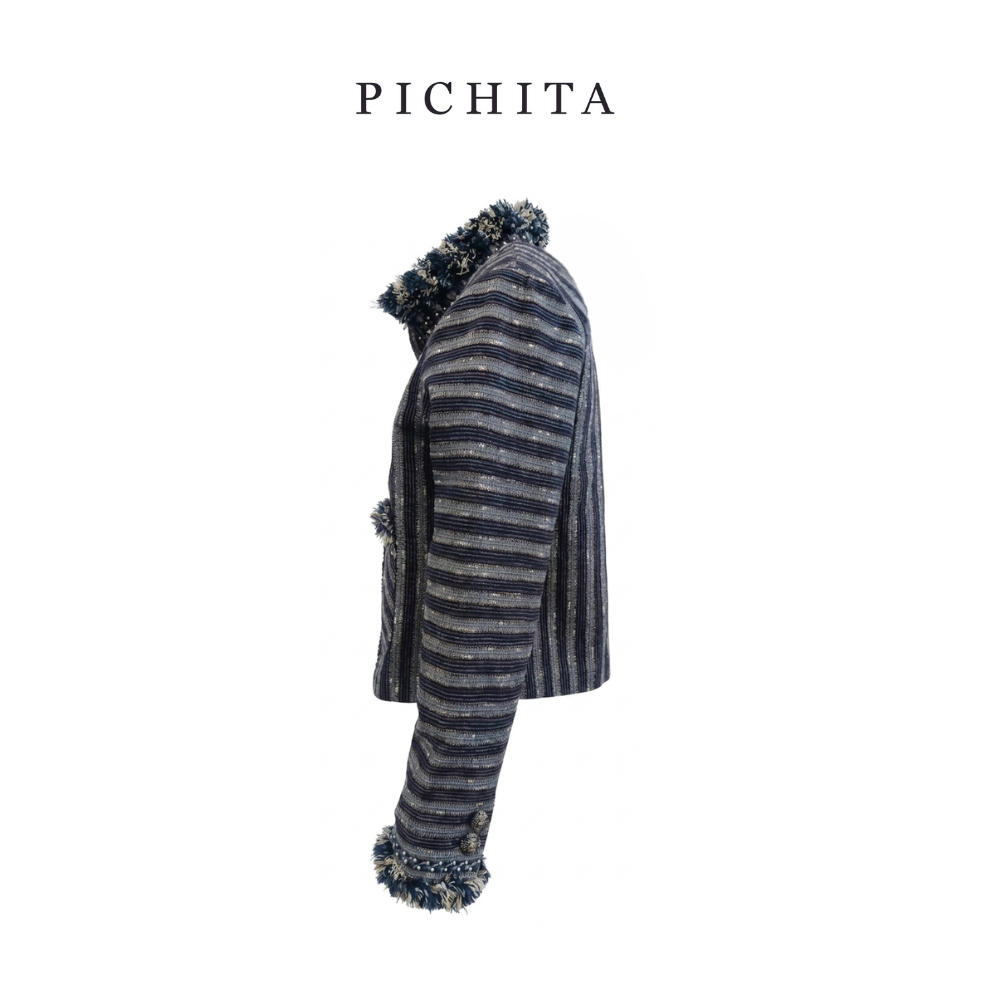 Elegant Striped Tweed Jacket with Crystal Embellishments and Fringed Trim.