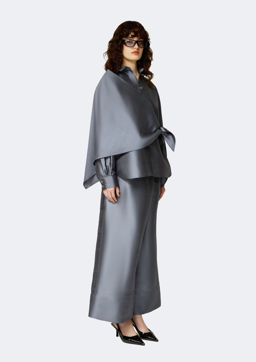 Graphite Thai Silk Shirt with Asymmetric Draped Overlay