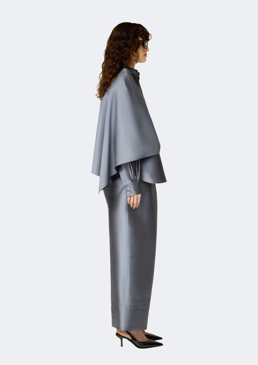 Graphite Thai Silk Shirt with Asymmetric Draped Overlay