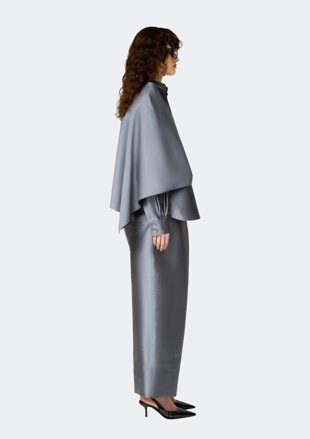 Graphite Thai Silk Shirt with Asymmetric Draped Overlay