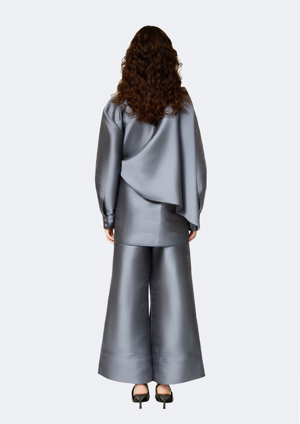 Graphite Thai Silk Shirt with Asymmetric Draped Overlay