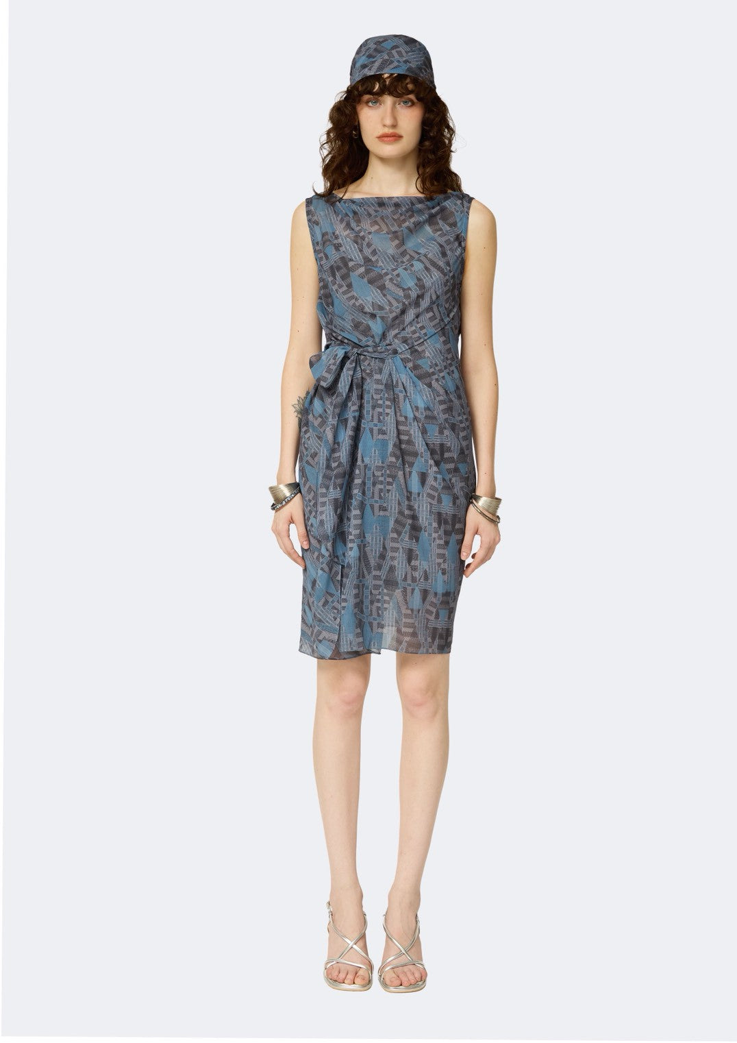 Printed Chiffon Draped-Waist Cocktail Dress