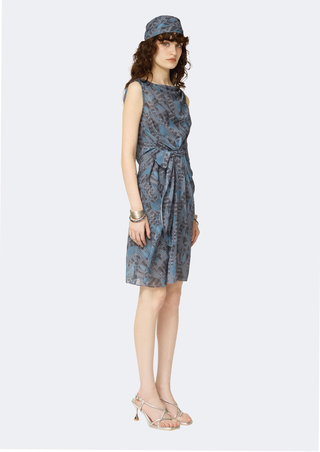 Printed Chiffon Draped-Waist Cocktail Dress