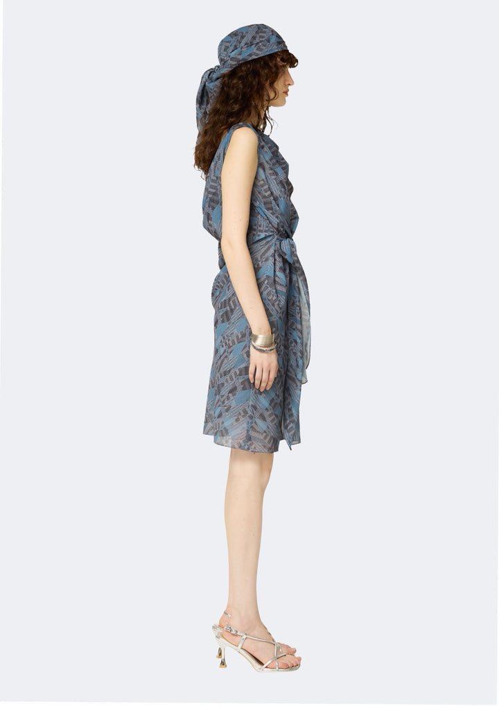 Printed Chiffon Draped-Waist Cocktail Dress