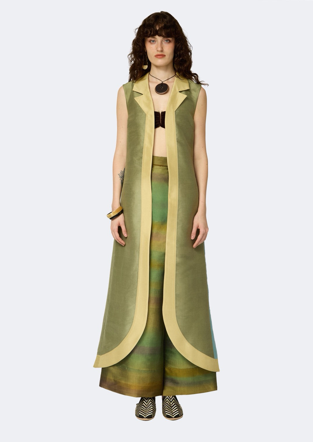 Verdant Ombre Thai Silk Sleeveless Long Coat