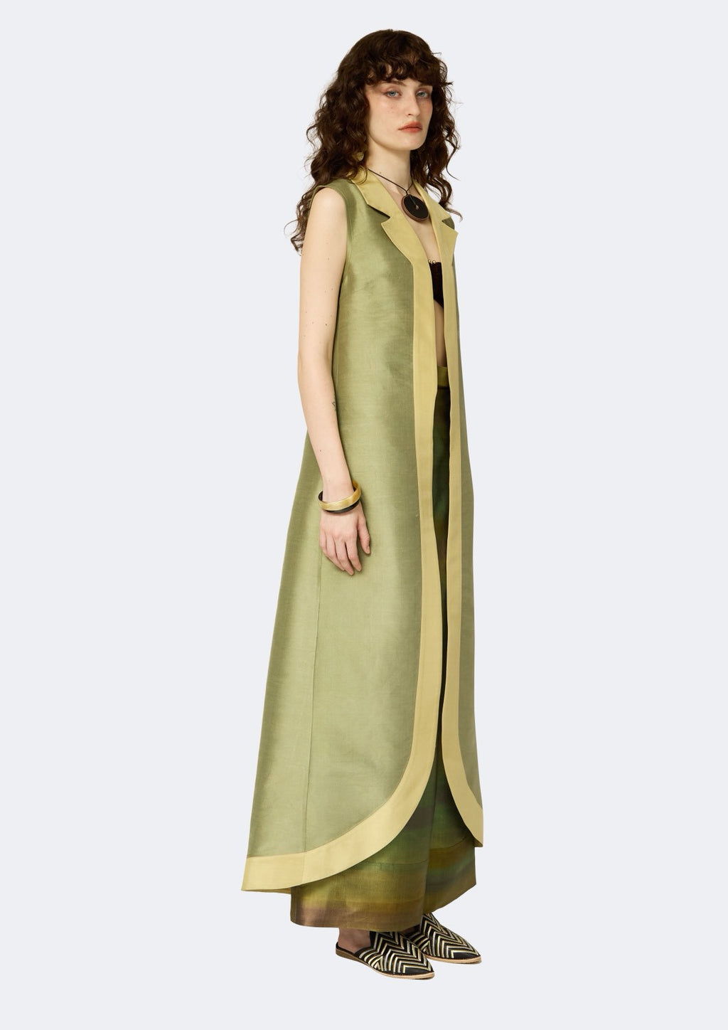 Verdant Ombre Thai Silk Sleeveless Long Coat