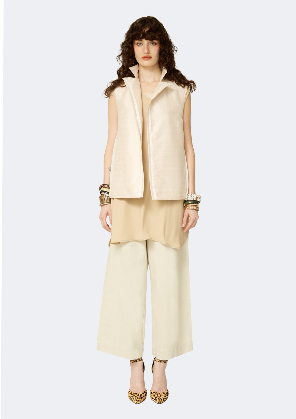 Ivory Thai Silk Vest with Trim Detail & Pleated Back