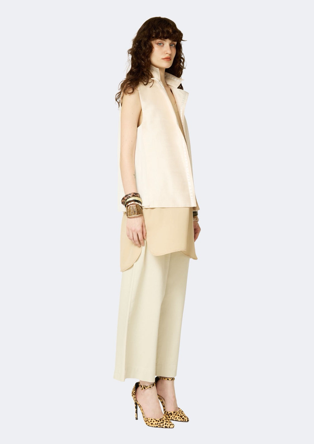 Ivory Thai Silk Vest with Trim Detail & Pleated Back