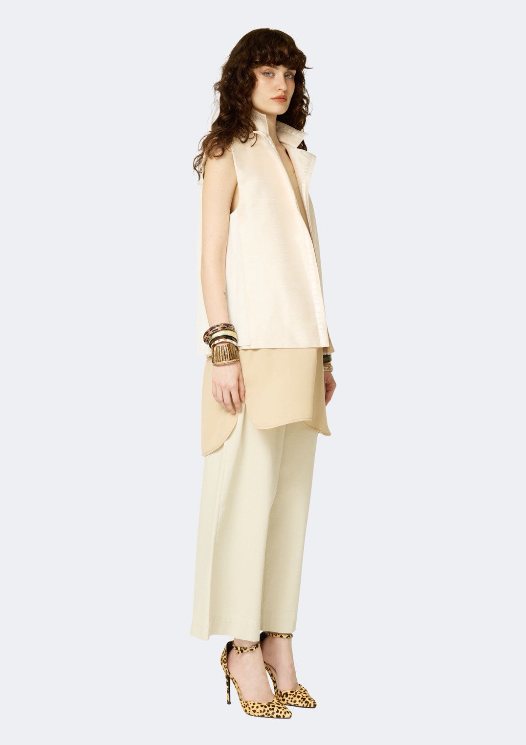 Ivory Thai Silk Vest with Trim Detail & Pleated Back