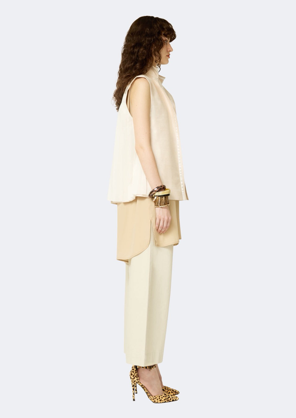 Ivory Thai Silk Vest with Trim Detail & Pleated Back