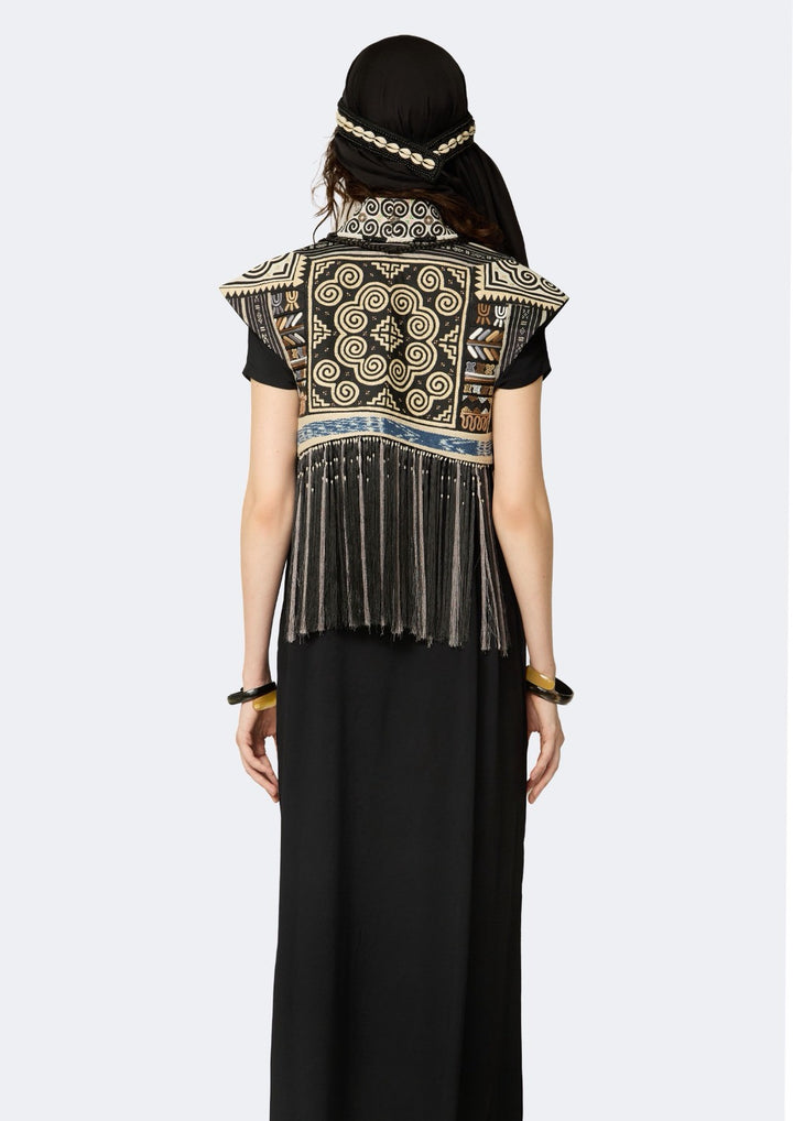 Hill Tribe Patchwork Beaded Vest with Tassel Accents