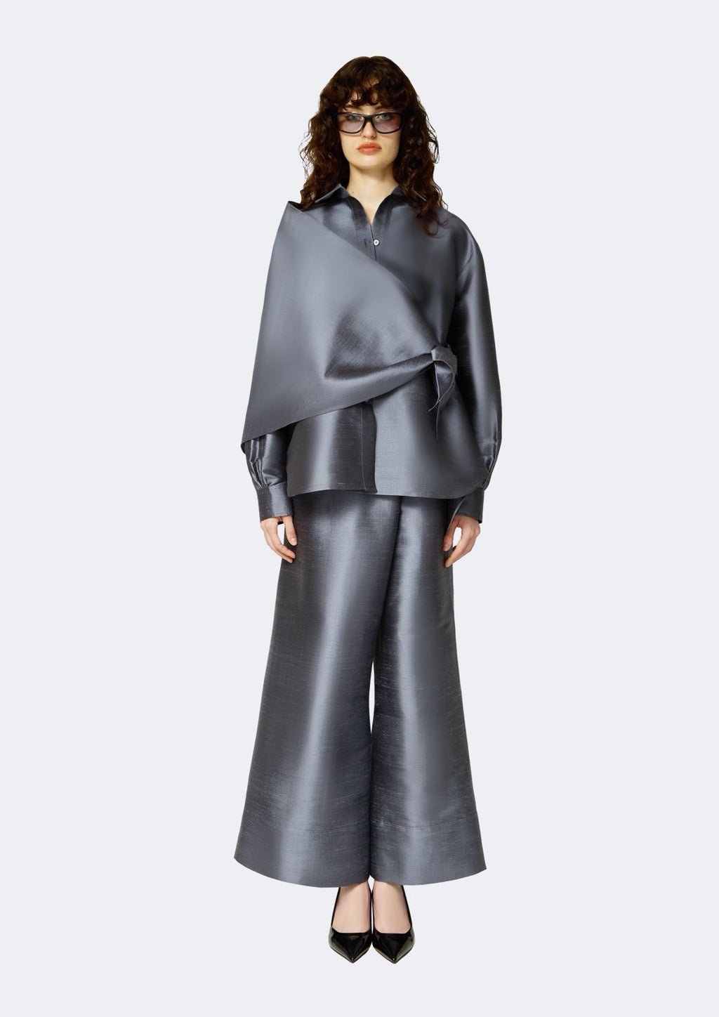 Graphite Thai Silk Shirt with Asymmetric Draped Overlay