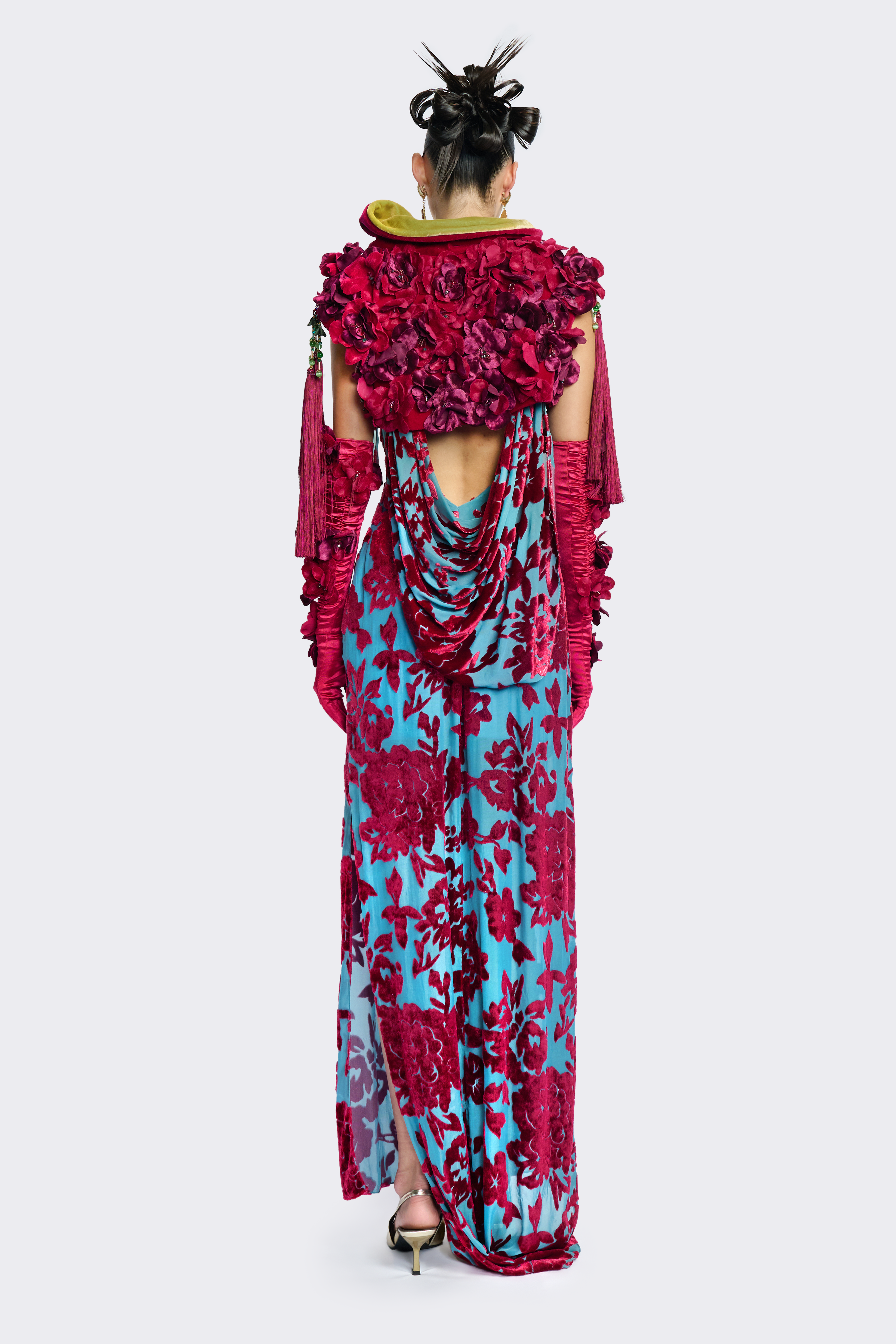 Velvet Floral Slit Open-Back Dress