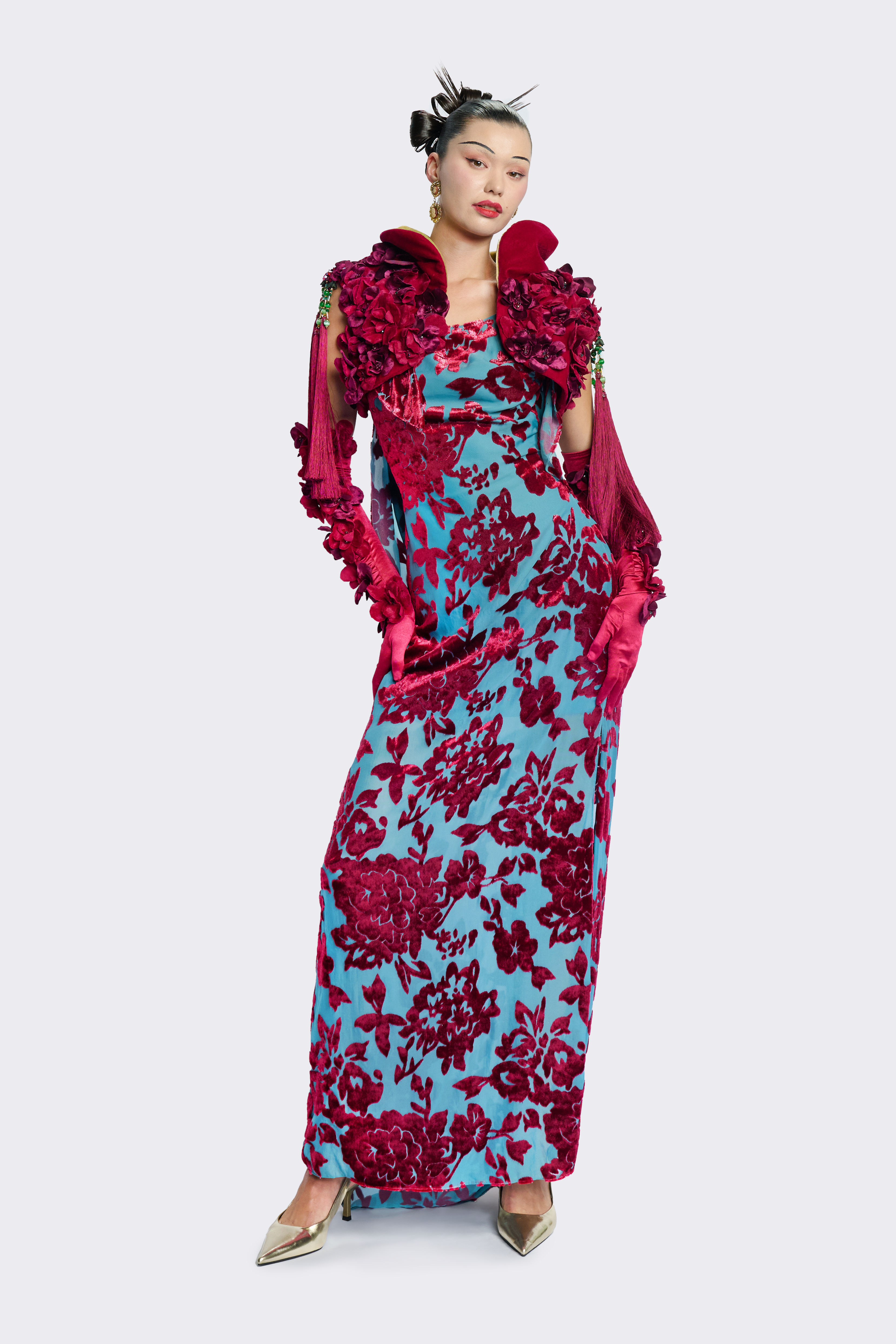 Velvet Floral Slit Open-Back Dress