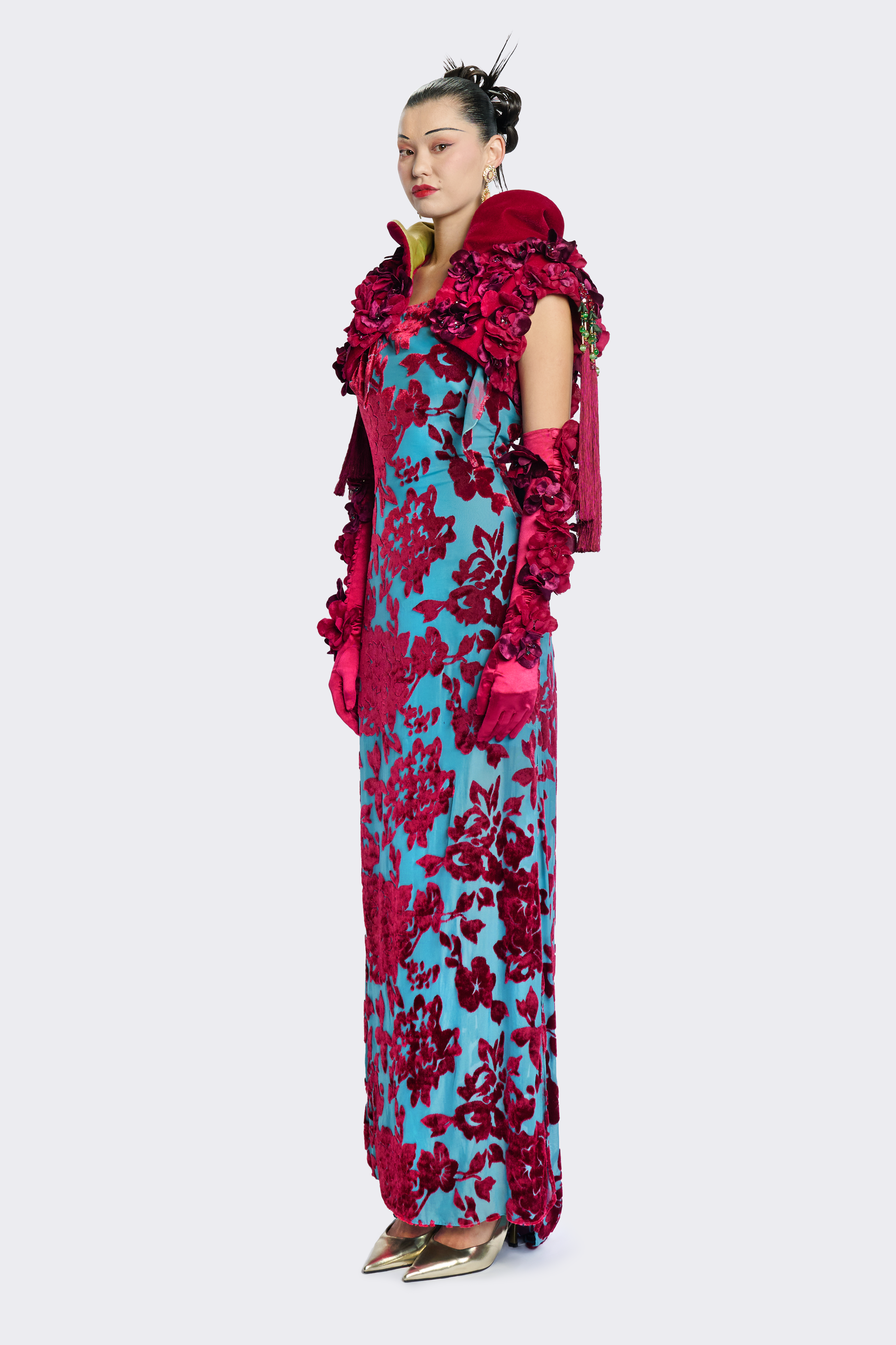Velvet Floral Slit Open-Back Dress