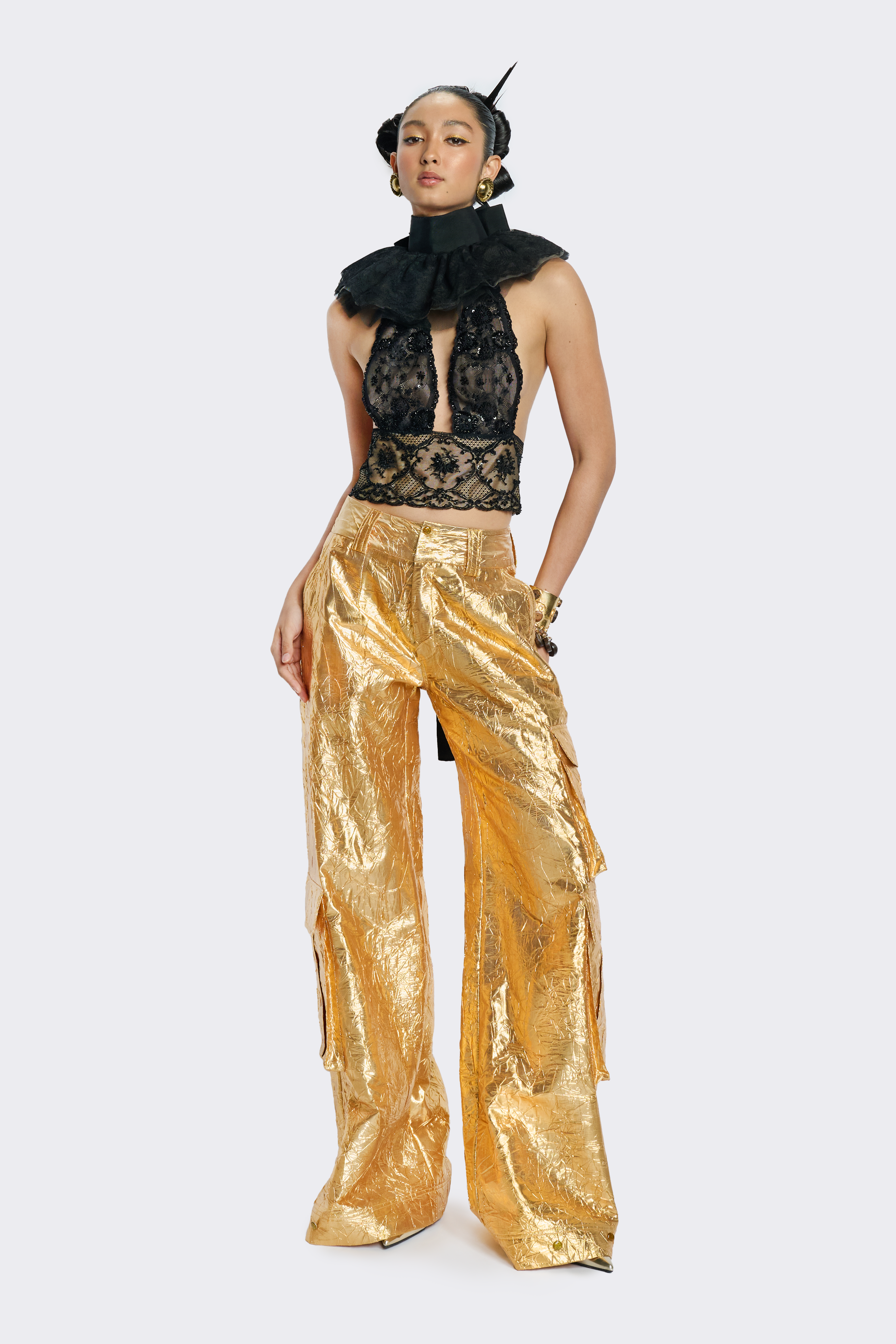Gold Wide-Leg Cargo Pants