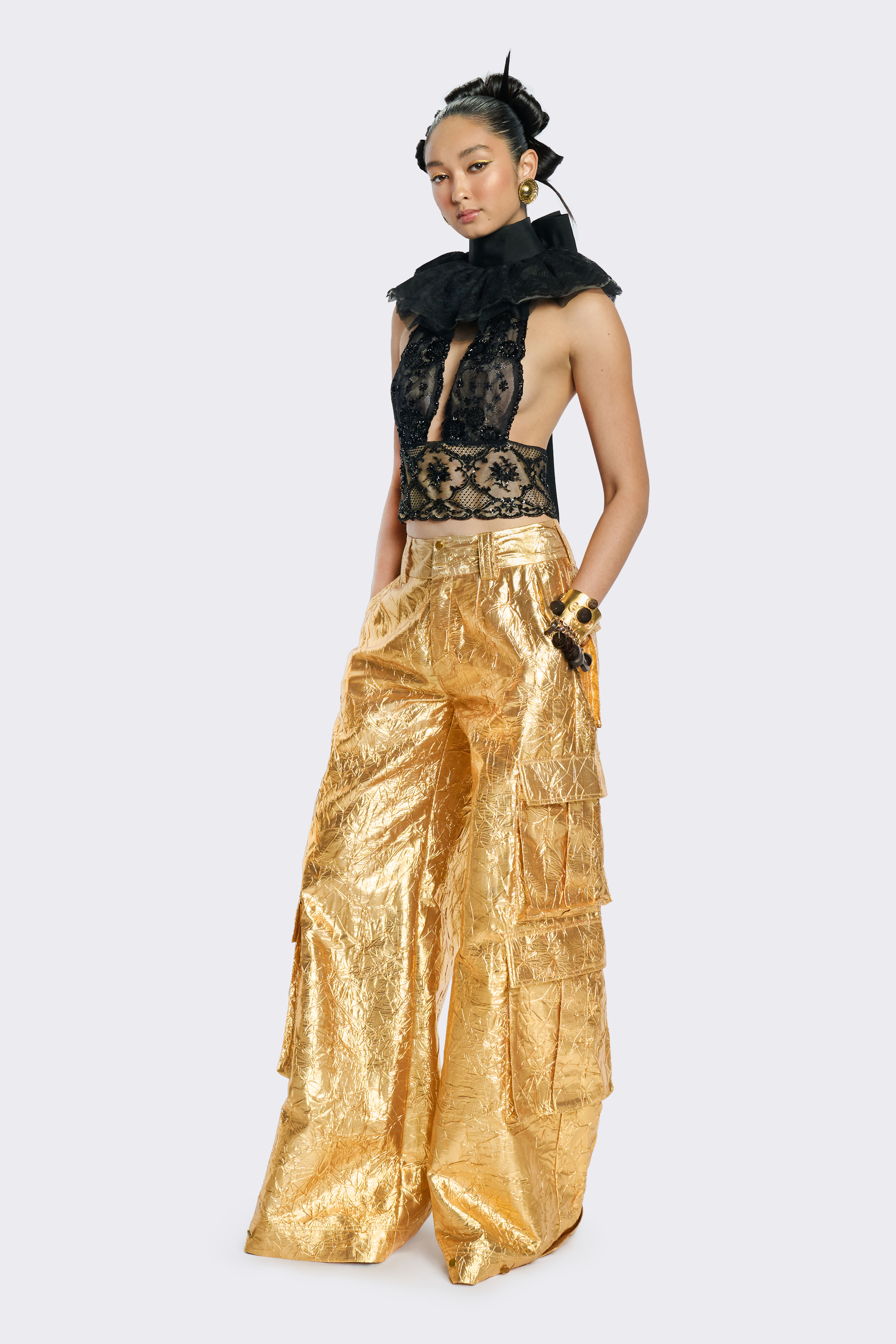 Gold Wide-Leg Cargo Pants