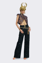 Black Embroidery  Trim Pants