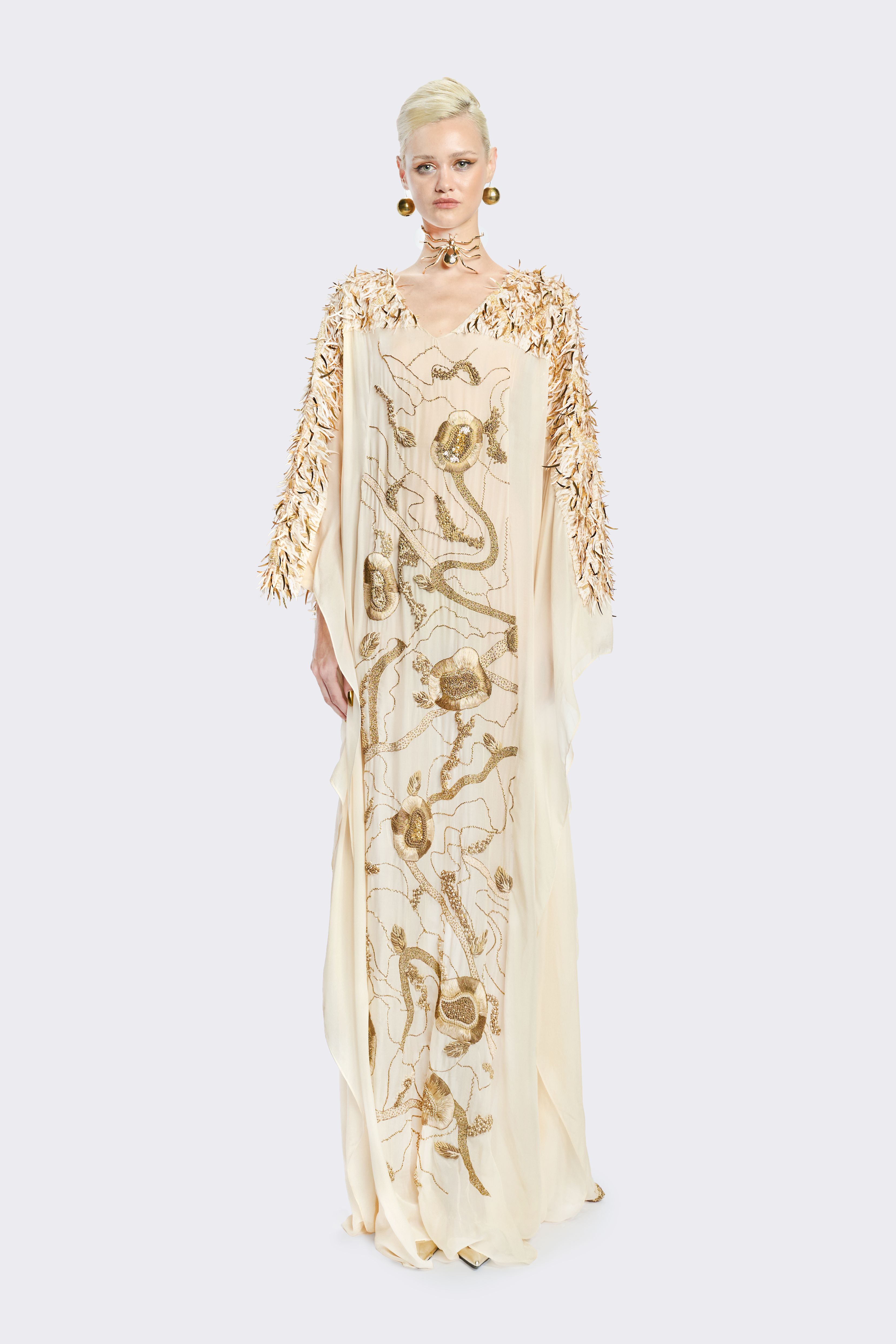 French Silk Chiffon Golden Embroidery