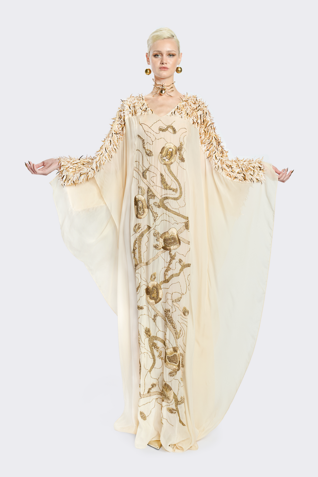 French Silk Chiffon Golden Embroidery