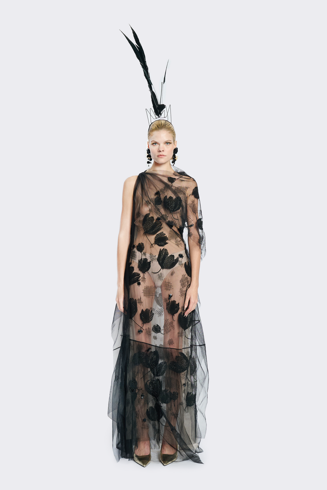 sheer one shoulder dress LaDivine J869 Glitter Tulle Gown With Overskirt and Keyhole Detail Black/Gold / 2