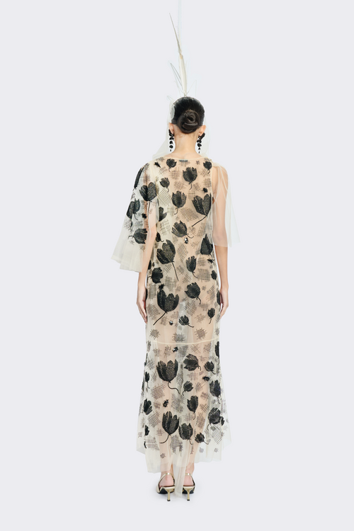 Black Floral Beaded Cream Tulle Dress